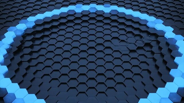 A circular pattern of black hexagonal shapes with a blue border is displayed on a dark surface.