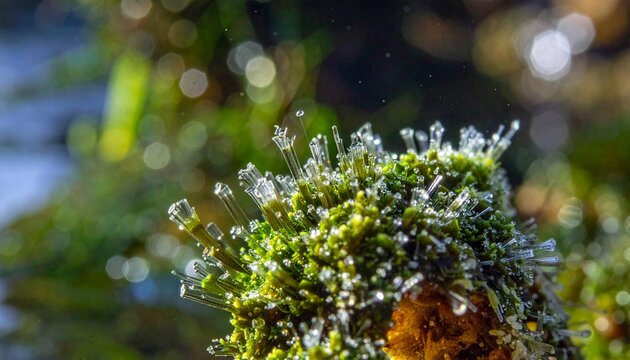 Macro view of freshwater sponge with green algae and crystal spicules