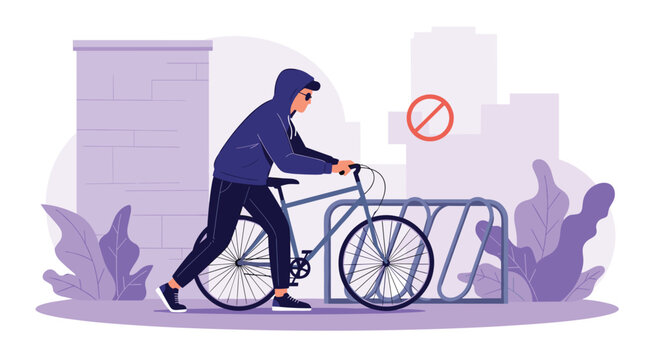 Suspicious man wearing a hoodie and sunglasses stealing a bicycle from a public bike rack in a city urban area.