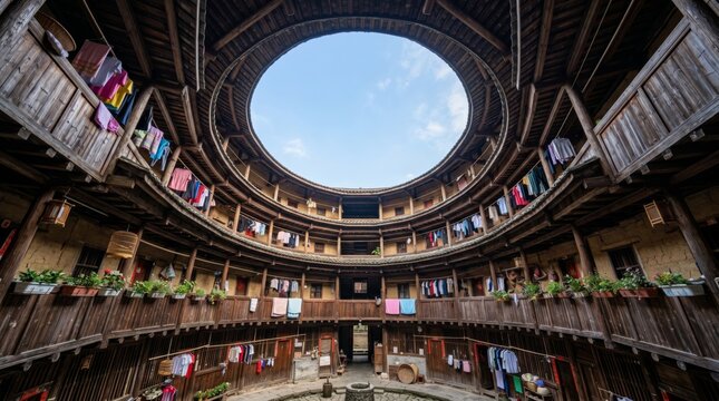 Traditional Fujian Tulou Hakka Earth Building Interior View of Circular Wooden Courtyard with Multi-level Balconies, Hanging Laundry, and Open Sky Roof in Fujian Province, China
