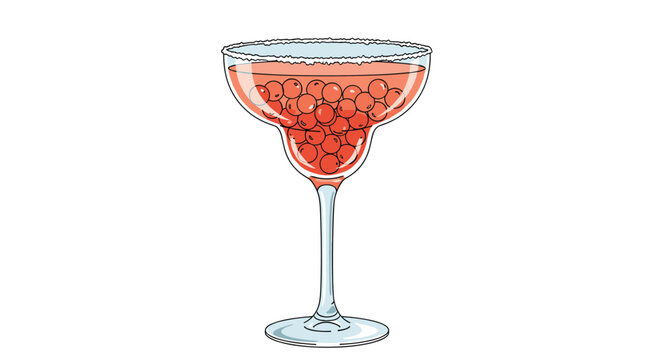 Elegant glass of red berry cocktail or juice filled with fresh cranberries and a sugared rim on a white background.