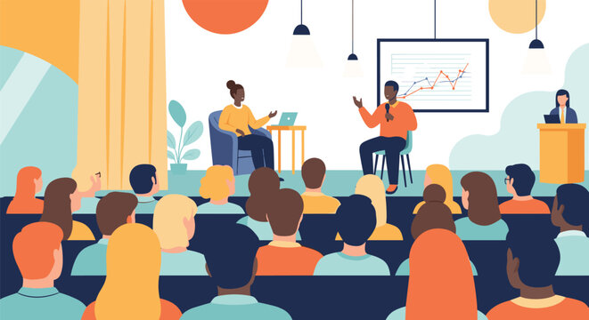 Large group of people attending a business conference with speakers presenting data charts on a screen in a hall.