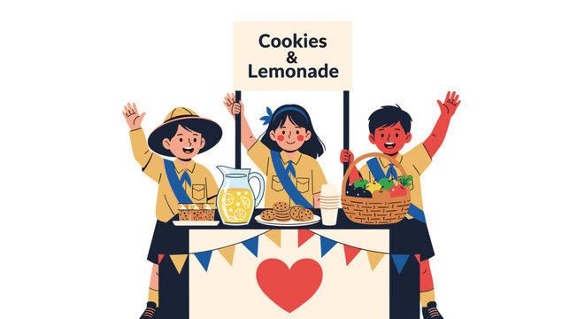 Three happy kids in scout uniforms waving from their cookies and lemonade stand with baskets of fruit and treats for a charitable fundraising event.
