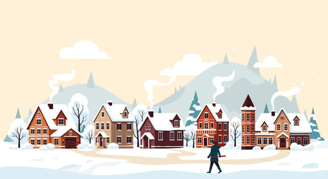 Picturesque winter landscape featuring a small snow covered village with colorful houses at the base of mountains during a cold seasonal day out.