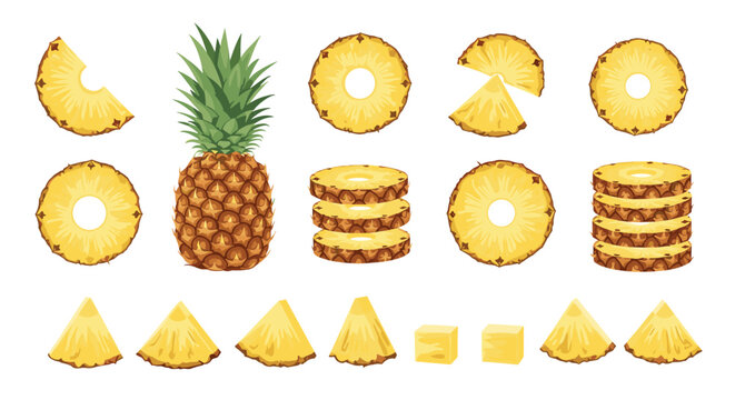Collection of fresh whole pineapple and various slices including rings and wedges on a plain white background.