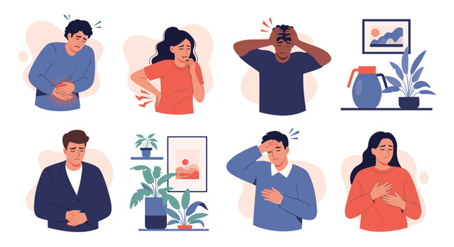 Collection of people suffering from various physical pains like headache stomachache backache and chest pain in flat vector style.
