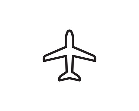 Minimalist blue silhouette icon of airplane viewed from above, wings extended horizontally with tail fin visible, clean design symbolizing air travel, aviation, or airport services, simple geometric