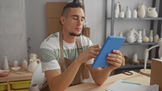 Man wearing apron holds blue tablet and taps screen while seated at potter's bench surrounded by unglazed vases and shelves in a pottery studio; concentration creativity craft.