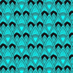Turquoise teal fish scale seamless pattern background with detailed black outlines vector illustration design.  © robbitommi
