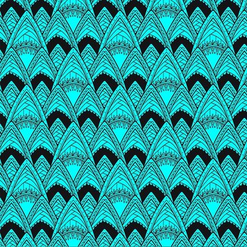Turquoise teal fish scale seamless pattern background with detailed black outlines vector illustration design.
