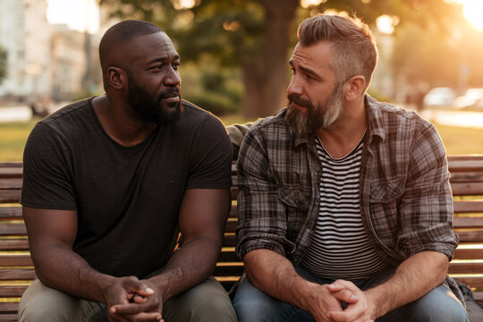 Two male friends sitting side by side on a park bench in serious conversation, one supporting the other, genuine brotherhood and emotional support