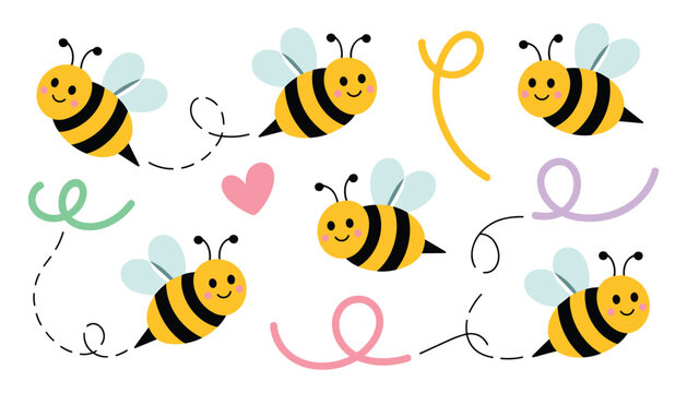 Cute bee illustrations set with flight paths and heart vector graphics