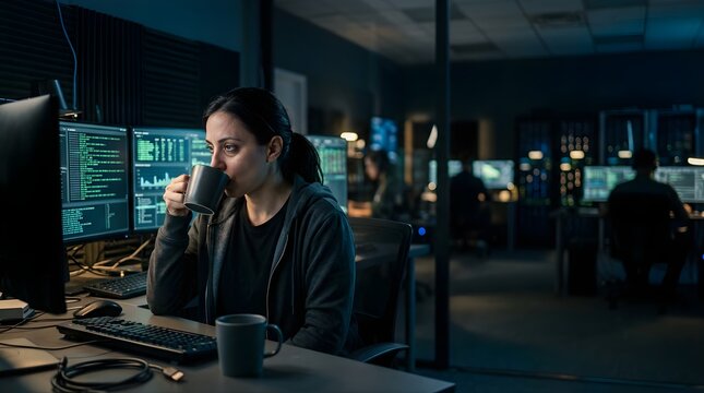 Female software developer drinking coffee while coding in night office
