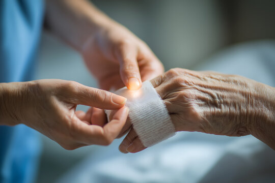 Caregiver Applying Bandage to Elderly Patient Hand in Close Up