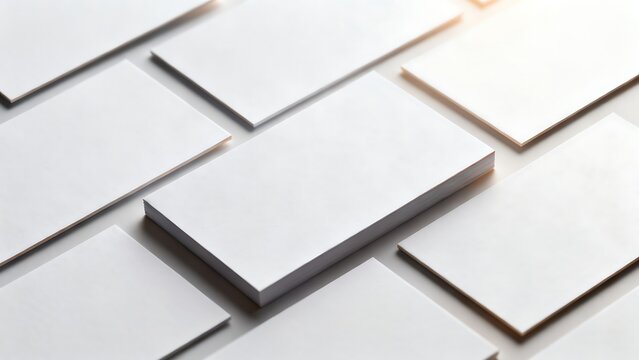 Blank white business cards arranged in a pattern with soft lighting and shadows for branding.