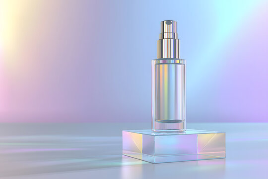 Holographic Beauty Serum Bottle Mockup on Iridescent Podium Background