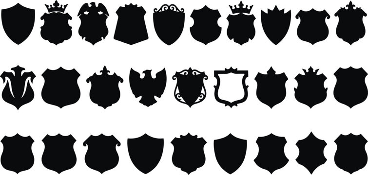 heraldic, shield, badge, emblem, crest, silhouette, medieval, vintage, royal, coat, arms, collection, icon, set, isolated, black, design, template, cad, drawing, flat, vector