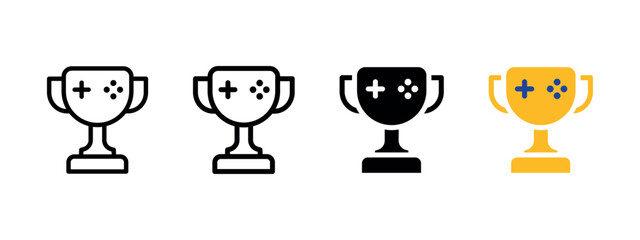 Trophy icon. Gaming award sign. Esports competition symbol. Winner prize pictogram. Victory cup with gamepad buttons illustration. © moroz_stock
