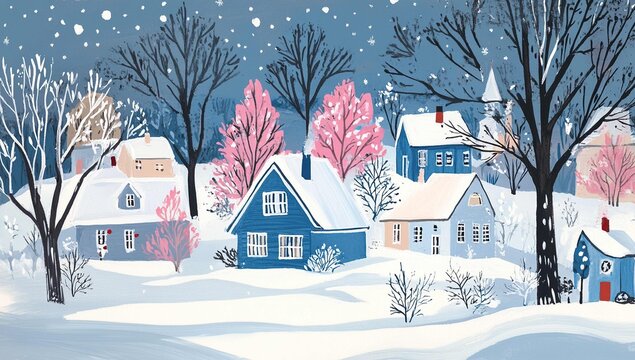 A gouache painting of an idyllic winter scene with snow-covered trees and houses, in shades of blue, pink, white, and gray.