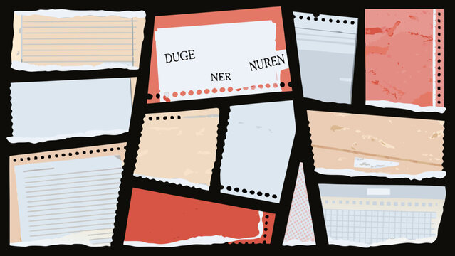 scattered torn paper pieces with text and perforated edges on a black background