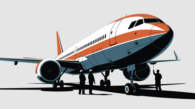 A commercial passenger airplane sits on the tarmac while three maintenance technicians perform a routine inspection beneath the fuselage against a plain light background.
