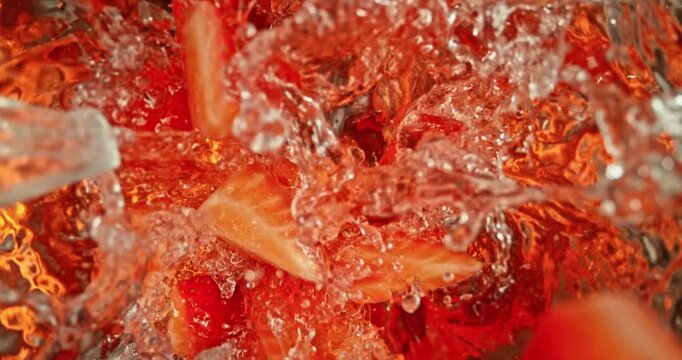 Super slow motion 1000fps video of fresh strawberry slices with ice falling into rippling water, creating a sparkling splash, perfect for drink, cocktail and summer visuals.