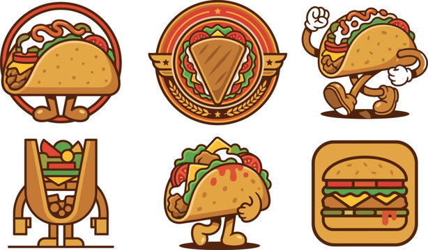 Cartoon illustrations of tacos and sandwiches with human legs and arms