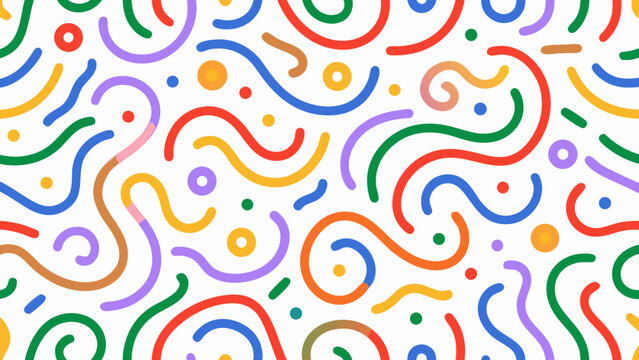 colorful abstract squiggle pattern with circles on a white background