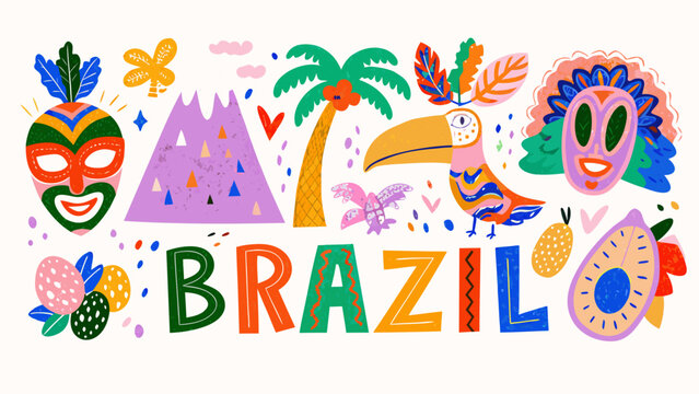 brazil themed illustration with tropical elements colorful masks mountains toucan and stylized lettering