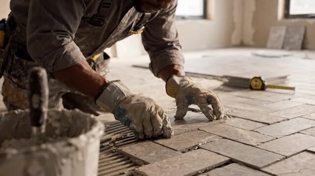 Professional construction worker installing ceramic tiles on the floor in a room under renovation
