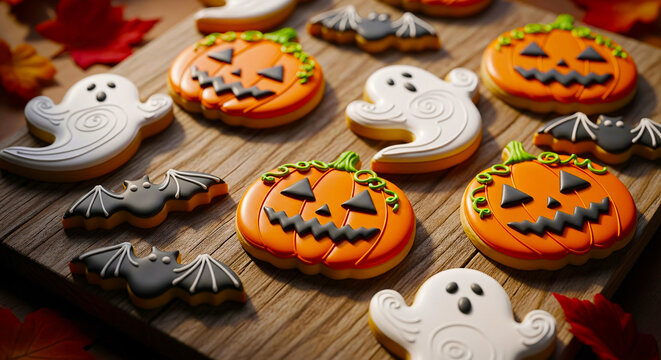 Halloween Pumpkin, Ghost, and Bat Cookies on Wooden Table