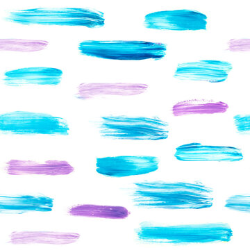 Seamless pattern of blue and purple strokes of paint, creative abstract hand painted background, brush texture