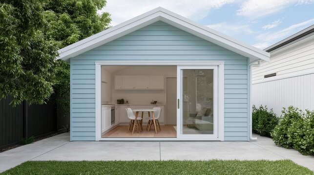 Modern light blue backyard studio with large open sliding glass door showing bright interior with white kitchen and white dining table with wooden chairs