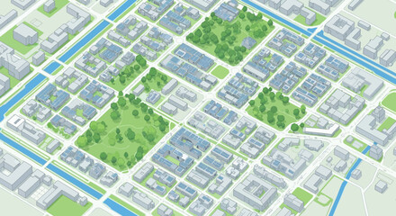 Fototapeta premium Isometric city map with buildings, streets, green parks, and blue waterways, depicting urban planning, sustainable development, and infrastructure design