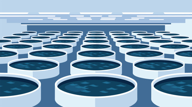Multiple circular industrial vats containing dark blue liquid are arranged in a uniform grid pattern within a large warehouse facility under cool blue lighting.