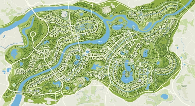 Sustainable urban master plan with green spaces, winding rivers, lakes, and residential zones. Conceptual map of an eco-friendly city design