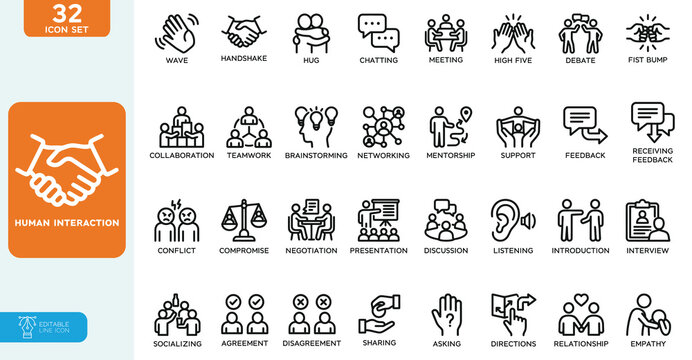 Human Interaction Vector illustration Line Editable Icons set. in modern thin line style of people related icons: communication, connection, relationships, and more. Isolated on white background.