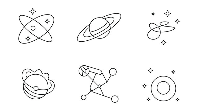 Collection of stylized cosmic celestial bodies including planets moons and stars depicted with simple line art icons on a white background