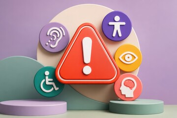 Accessibility warning concept with inclusive icons for disability support and social inclusion in a 3D illustration