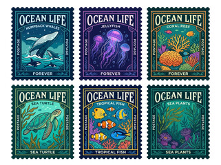 Obraz premium Ocean Life Postage Stamps Collection Featuring Whales, Jellyfish, Coral Reefs, Sea Turtles, Tropical Fish, and Sea Plants