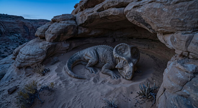 An armored Protoceratops lies down, curled slightly in a sheltered sandy depression under a rocky overhang, seemingly at rest. 