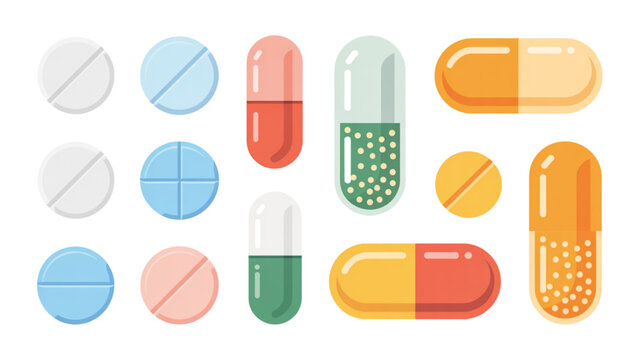 Colorful set of flat medical pills and capsules illustration Vector