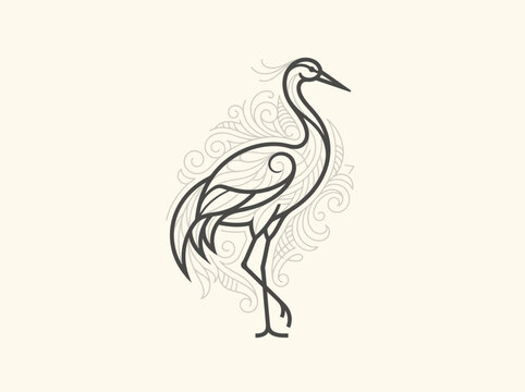 Elegant Crane Bird Line Art Illustration with Ornate Filigree Swirls on Cream Background - Minimalist Zen Stork Graphic for Branding and Wellness Design