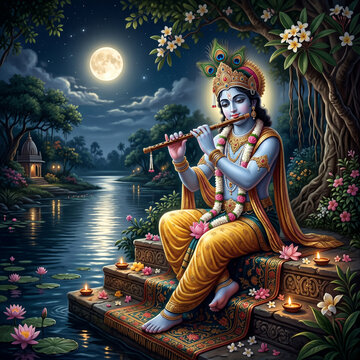 Lord Krishna Playing Flute by a River at Night