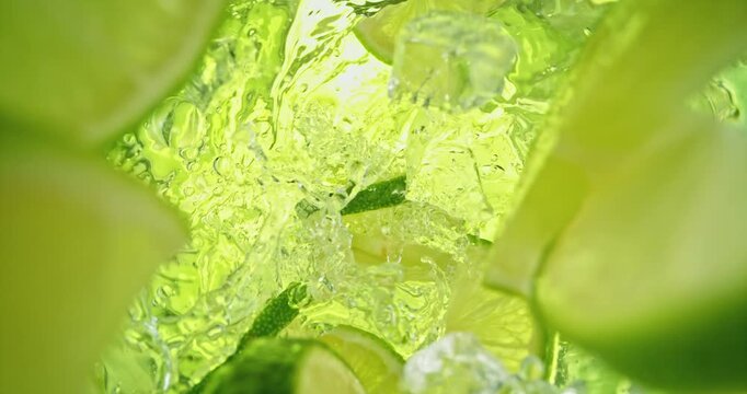Super slow motion 1000fps video of lime slices and crushed ice falling into rippling water, creating a fresh sparkling splash, perfect for drink, cocktail, beverage and summer visuals.