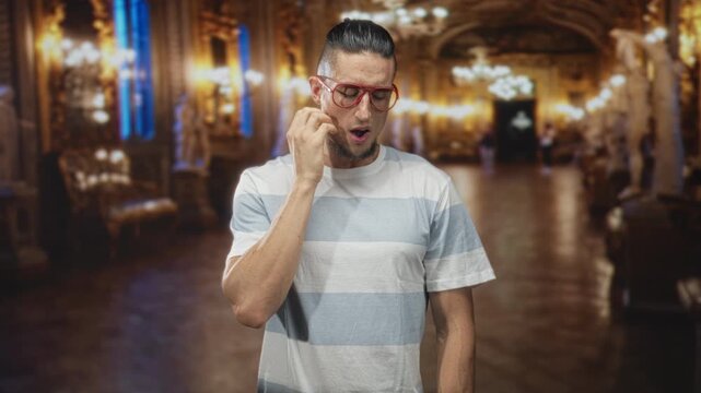 Man touching cheek with red glasses and striped tee in an ornate palace hall inside building; toothache pain.