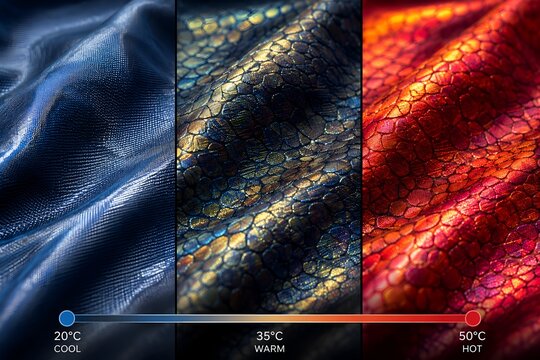 Infographic view of a futuristic smart fabric changing its color and texture based on temperature from cool to hot, concept of advanced textiles, material science, and intelligent wearable technology