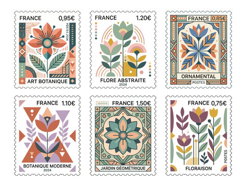 Decorative Postage Stamps Featuring Abstract Floral Designs and Geometric Patterns from France