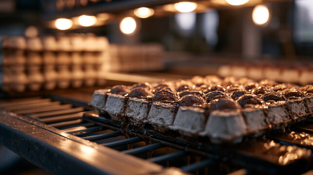 Sustainable packaging line producing molded pulp egg cartons from recycled newsprint slurry, water draining from the molds under heat lamps, stacked cartons drying on metal racks, perfect for circul