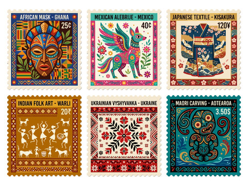 Diverse Cultural Heritage Stamps Featuring African, Mexican, Japanese, Indian, Ukrainian, and Maori Artistry